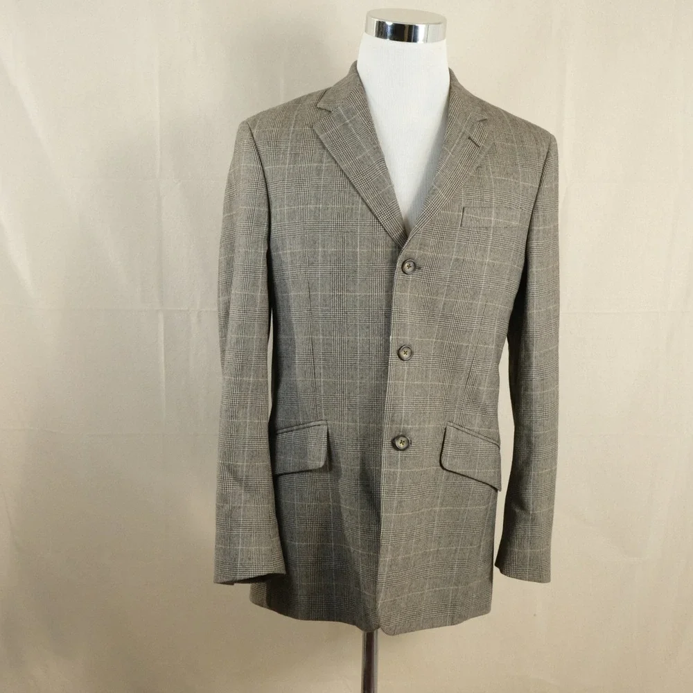 Banana Republic 40R Sport Coat 100% Wool Brown Glen Plaid Three Button Vented